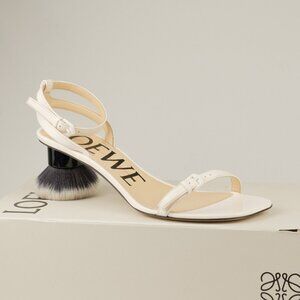 Loewe Petal Brush Ankle Strap 45mm Kitten Heel Sandals, White, EU 39